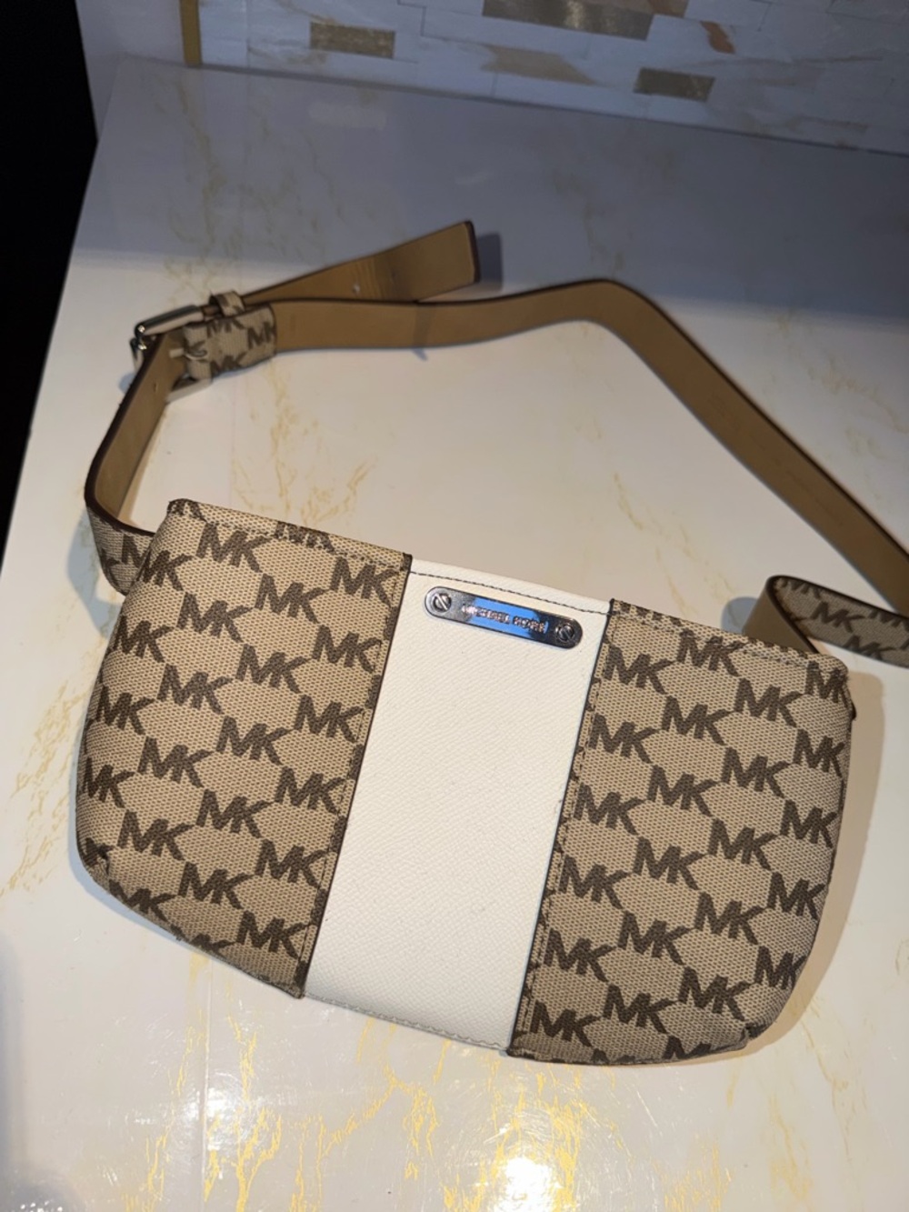 Michael Kors Beige and White MK Monogram Crossbody Wristlet